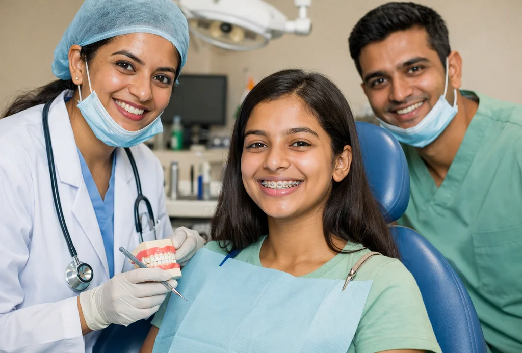 Smiling patient with dental braces after consultation at a dental clinic offering dental braces in Lucknow