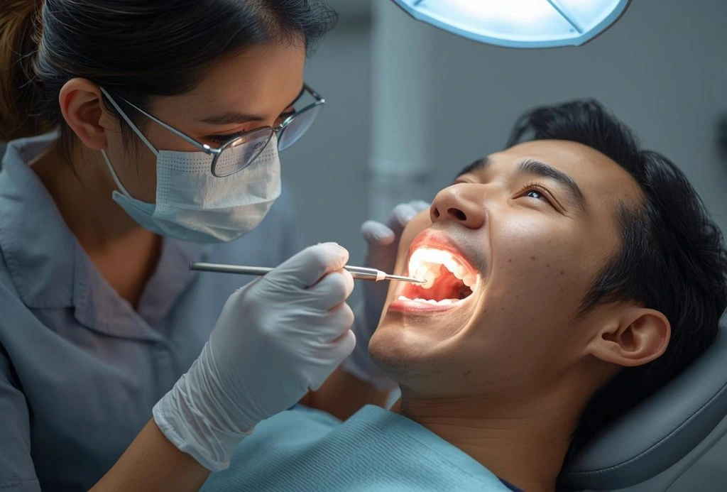 Dentist performing a dental filling in Lucknow while examining a patient’s tooth under a bright dental light in a modern dental clinic.